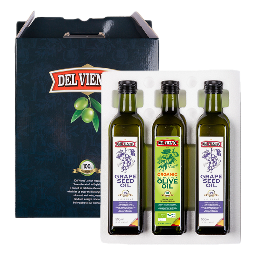 델비엔토 엑스트라버진 올리브유1P+포도씨유2P 500ml 3P 선물세트 안전포장 - 상품 이미지