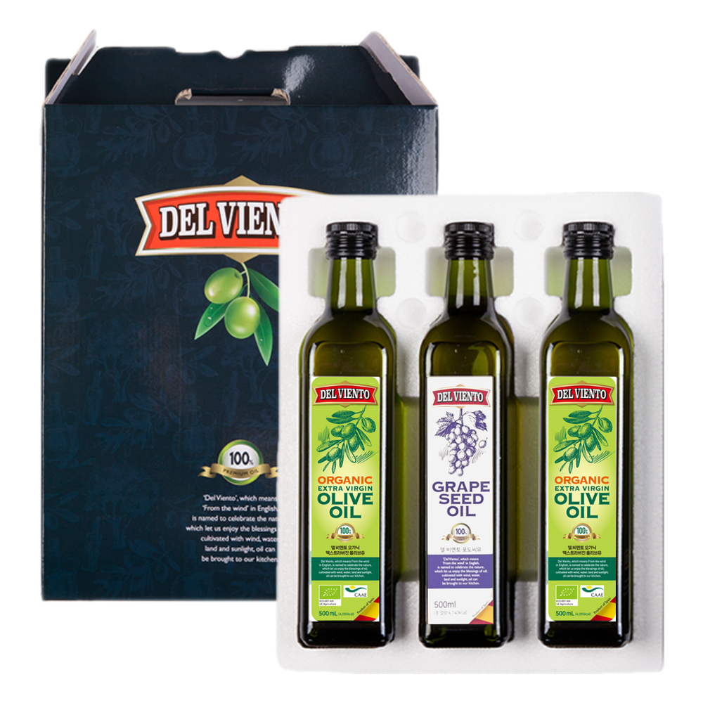 델비엔토 엑스트라버진 올리브유2P+포도씨유1P 500ml 3P 선물세트 안전포장 - 상품 이미지