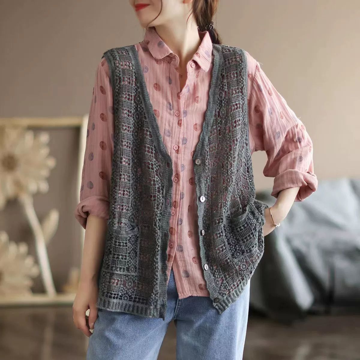 손뜨개 조끼 코바늘 여름 뜰안 만들기 패키지 뜨개 살구색 M 45.0-55.0kg - 상세 이미지 4