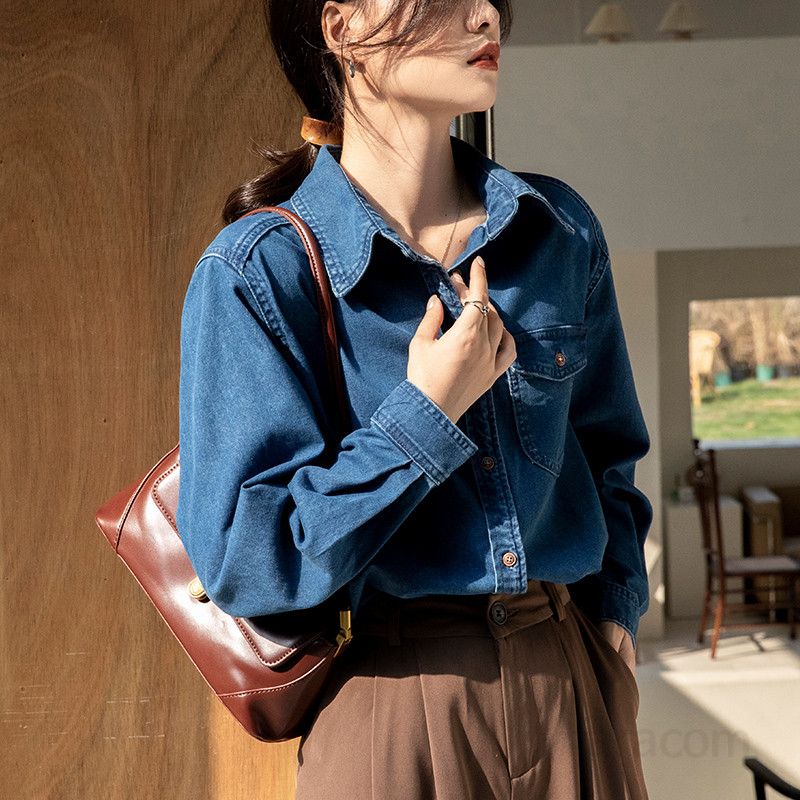 여성용 루즈핏 데님 셔츠 가을 캐주얼 긴팔 레이어드 스타일 빈티지 레트로 청남방 편안한 착용감 데일리 활용도 높은 셔츠 - 상품 이미지