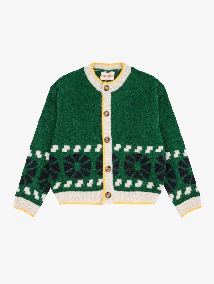 25FW 보보쇼즈 키즈 Kaleidoscope 자카드 가디건 그린 B225AC114 311 - 상품 이미지