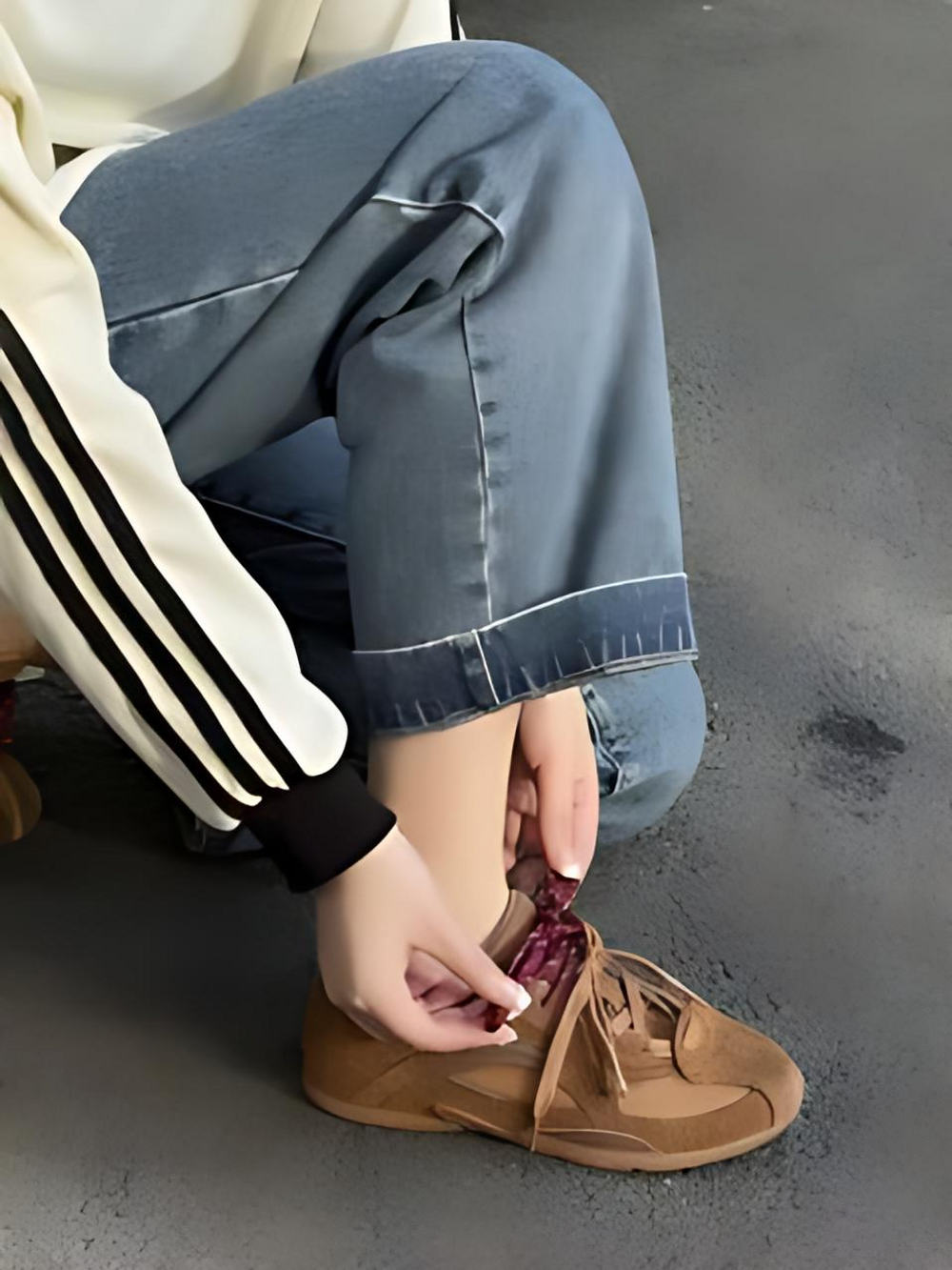 올리나 브라운 아이보리 배색 스니커즈 빈티지 레트로 스웨이드 운동화 - 상세 이미지 3