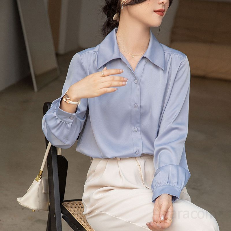 새틴 루즈핏 긴팔 블라우스 여성용 여름 프로페셔널 스타일 시원한 착용감 캐주얼 데일리 솔리드 컬러 라운드넥 다용도 활용도 높은 블라우스 - 상세 이미지 5