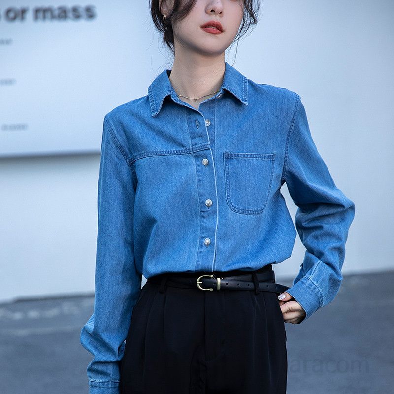 여성 슬림핏 데님 셔츠 봄 가을 프렌치 스타일 긴팔 레이어드 재킷 니치 디자인 캐주얼 모던한 레트로 매력적인 착용감 - 상품 이미지