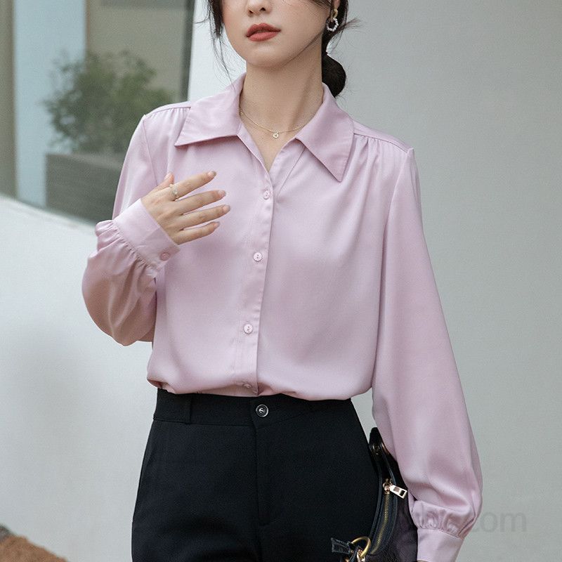 여성 새틴 루즈핏 긴팔 블라우스 여름용 핑크 솔리드 컬러 시원한 착용감 데일리 캐주얼 스타일 다양한 코디 활용 가능 - 상품 이미지