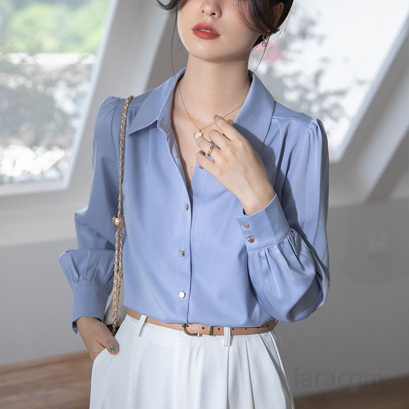 여성용 화이트 긴팔 셔츠 봄 여름 데일리 캐주얼 오피스룩 아세테이트 소재 프로페셔널 스타일 통근용 셔츠 시원하고 편안한 착용감 - 상세 이미지 3