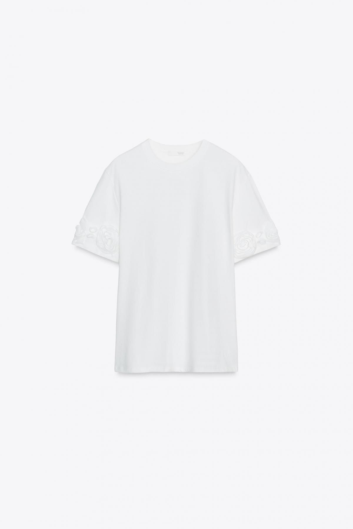 자라 화이트 3D플라워 레귤러핏 라운드넥 반팔 티셔츠 1131/833 WHITE - 메인 이미지