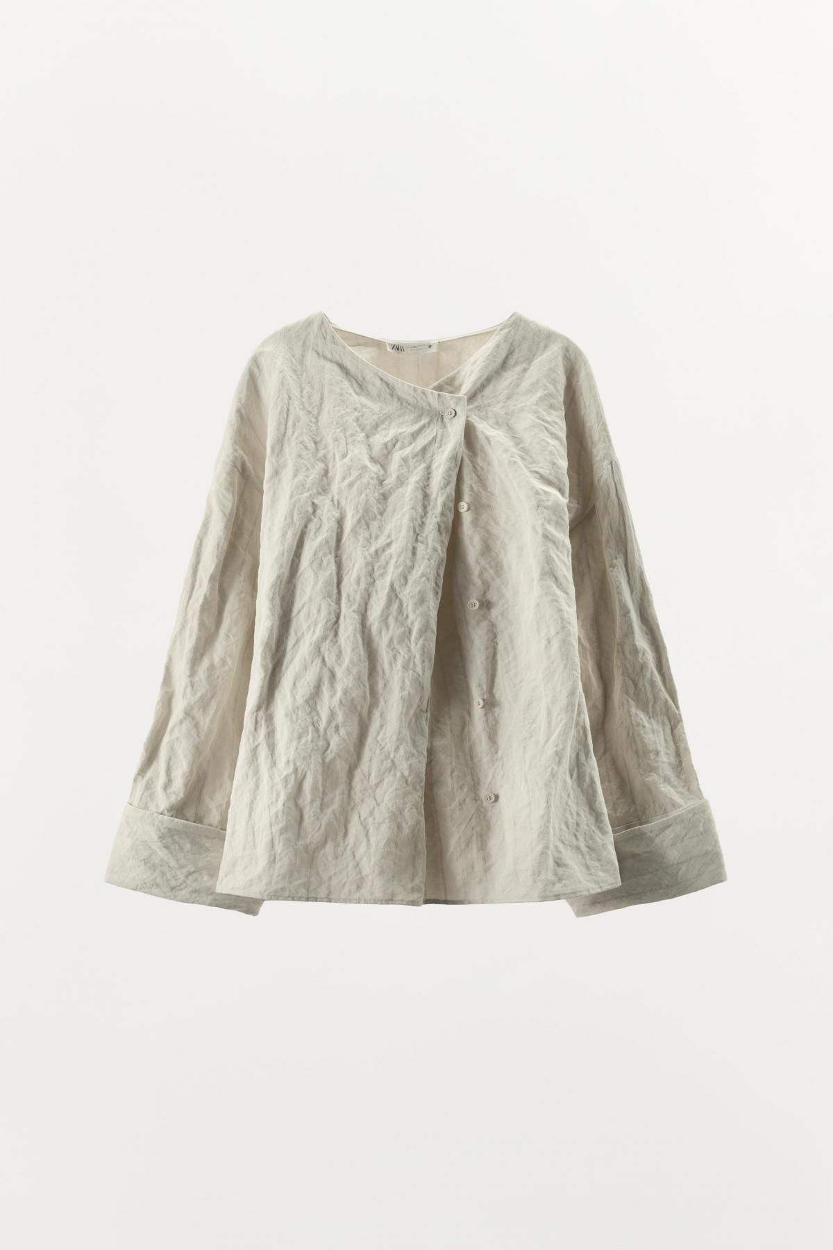 자라 오버핏 스트라이프 코튼 라운드넥 버튼 긴팔 블라우스 9423/827 BEIGE - 메인 이미지