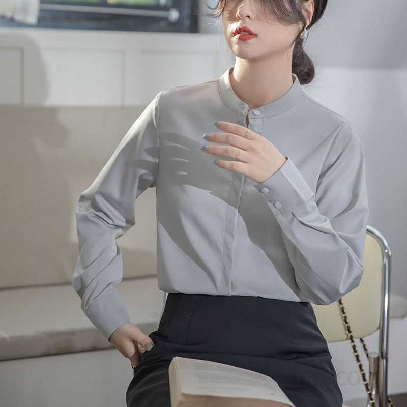 여성 새틴 셔츠 스탠드 칼라 느슨한 핏 여름용 블라우스 우아한 디자인 데일리룩 캐주얼 스타일 시원한 착용감 모던한 무드 - 상세 이미지 2