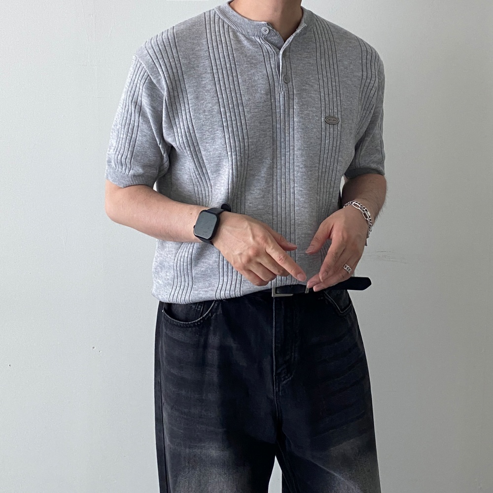머슬핏 남자헨리넥니트 반팔 여름 라운드 골지 단추 - 상세 이미지 3