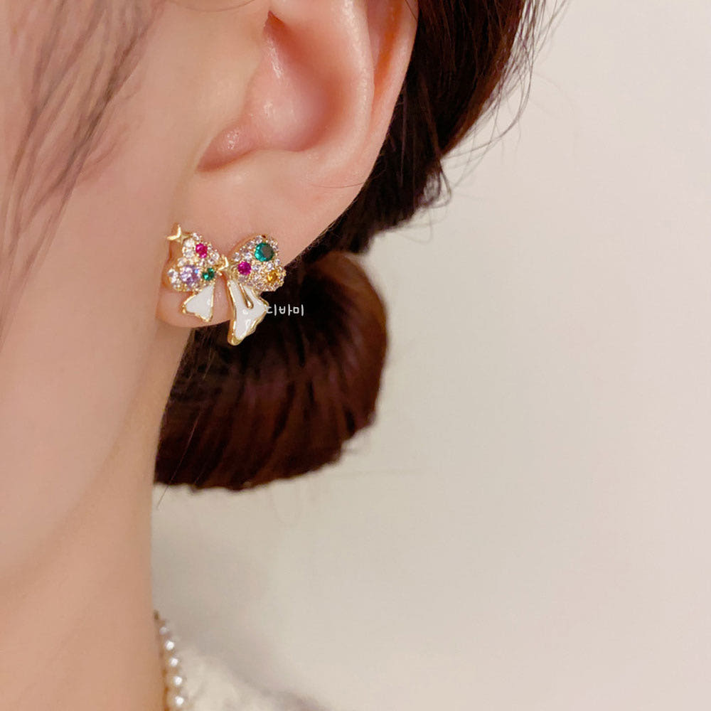 예쁜 화이트 골드 14K 리본 귀걸이 컬러풀 고급 스터드 이어링 이미지 7
