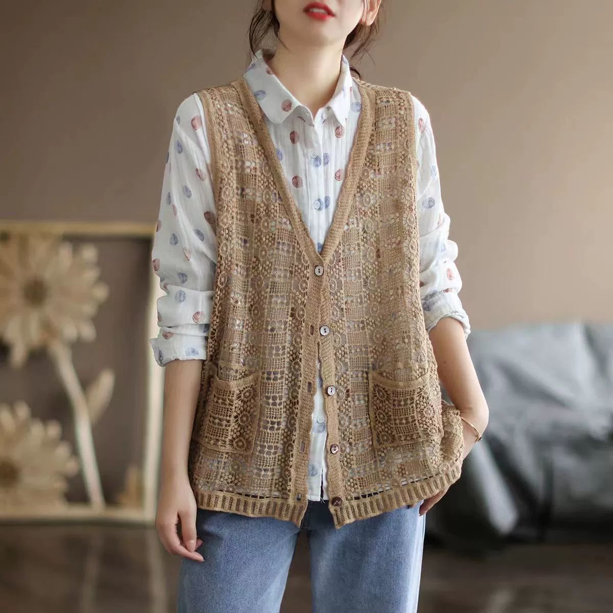 손뜨개 조끼 코바늘 여름 뜰안 만들기 패키지 뜨개 살구색 M 45.0-55.0kg - 상세 이미지 5