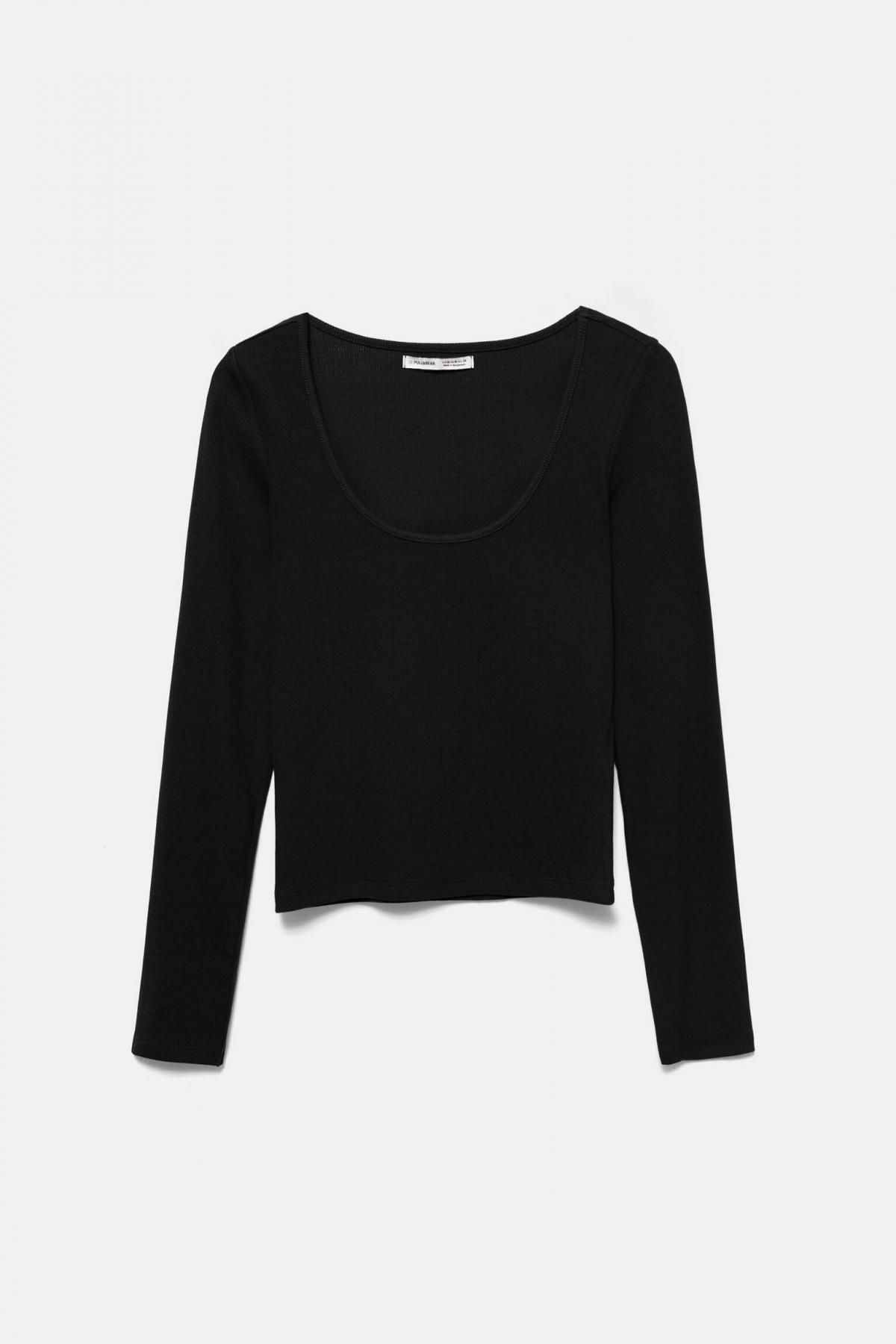 풀앤베어 블랙 슬림핏 골지 라운드넥 긴팔 티셔츠 7152/302 BLACK - 상품 이미지