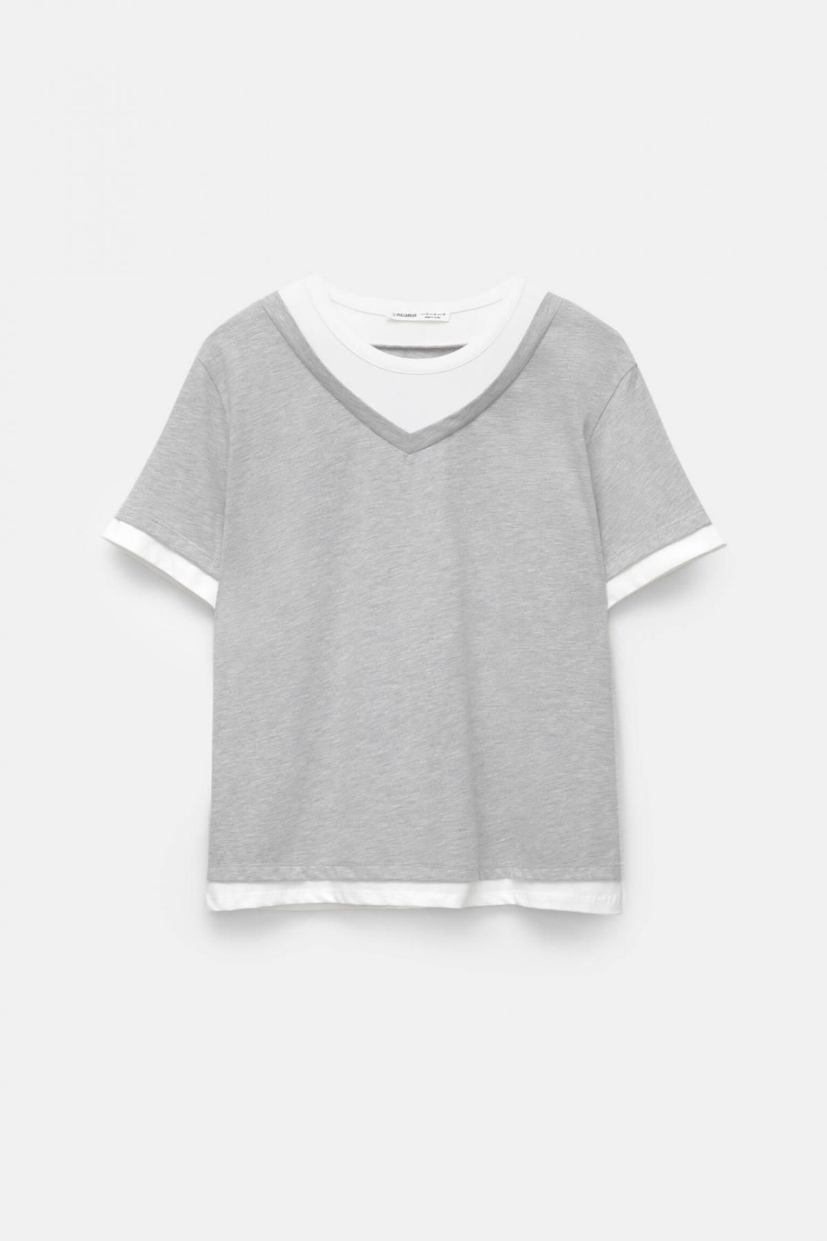 풀앤베어 코튼 레이어드 브이넥 반팔 티셔츠 7151/330 WHITE/GREY - 상품 이미지