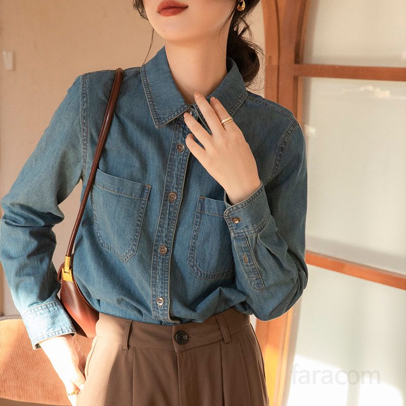 여성 데님 셔츠 긴팔 루즈핏 레트로 스타일 구김없는 캐주얼 남방 올매치 가을 패션 편안한 여성용 상의 모던한 디자인 - 상품 이미지
