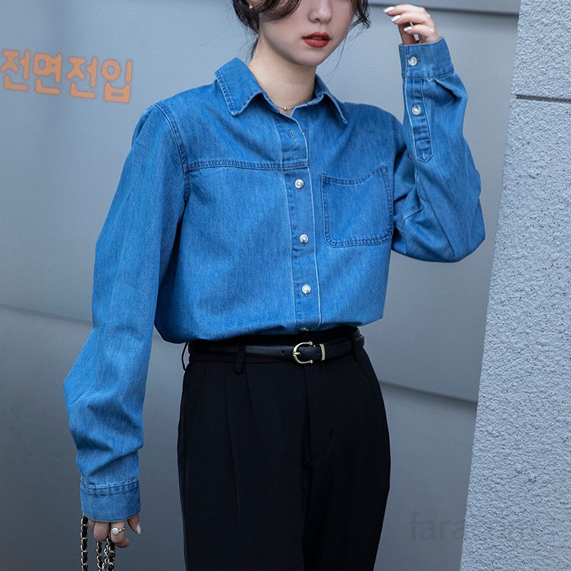 여성 슬림핏 데님 셔츠 봄 가을 프렌치 스타일 긴팔 레이어드 재킷 니치 디자인 캐주얼 모던한 레트로 매력적인 착용감 - 상세 이미지 5
