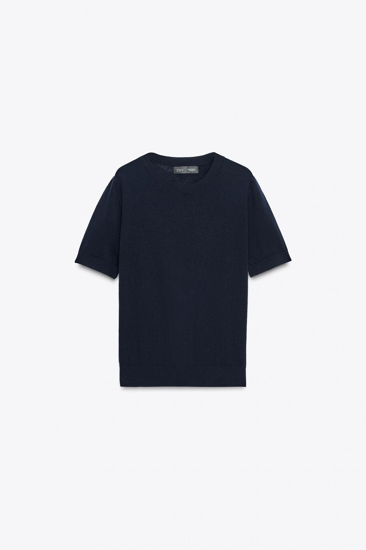 자라 프리미엄 울 라운드넥 반팔 니트 탑 9598/123 NAVY BLUE - 상품 이미지