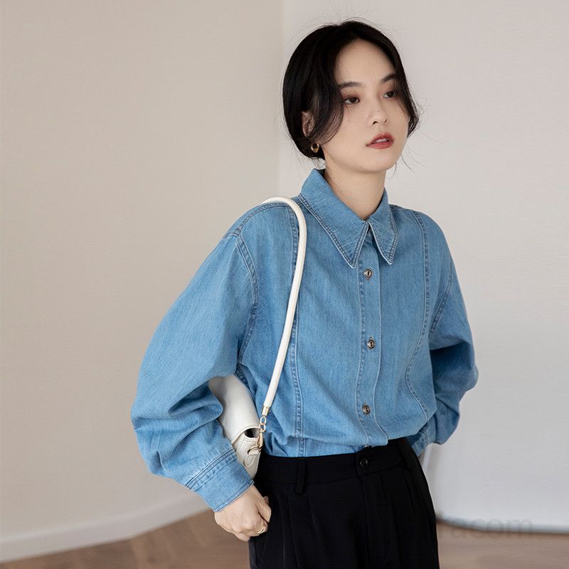 여성용 데님 셔츠 긴팔 캐주얼 레트로 홍콩 스타일 가을 패션 오버핏 청남방 코튼 소재 시원한 착용감 편안한 일상 외출용 스타일리시한 디자인 - 상세 이미지 4