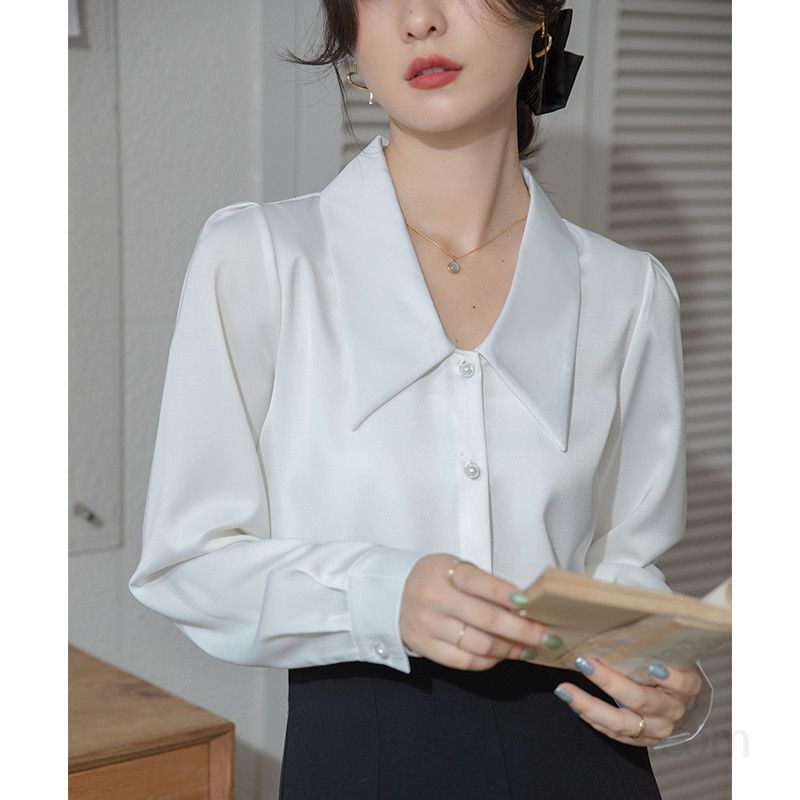 새틴 브이넥 블라우스 여성 긴팔 셔츠 봄 가을 오피스룩 출퇴근용 고급스러운 스타일 인터뷰 정장용 편안한 착용감 - 상세 이미지 2