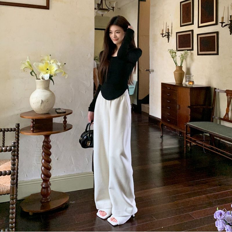 여성 하이웨이스트 드레이프 스트레이트 와이드 팬츠 가을 캐주얼 바지 편안한 착용감의 트렌디한 스타일 데일리 외출 여성용 팬츠 - 상품 이미지