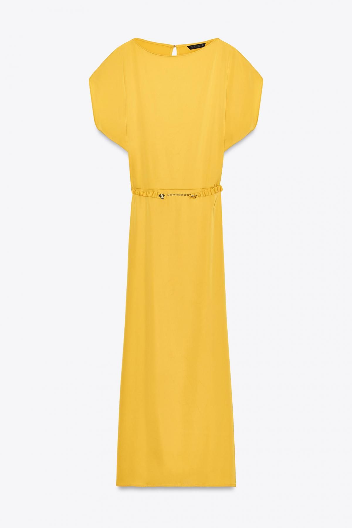 자라 테크니컬 새틴 벨티드 미디 원피스 8747/511 MUSTARD - 메인 이미지