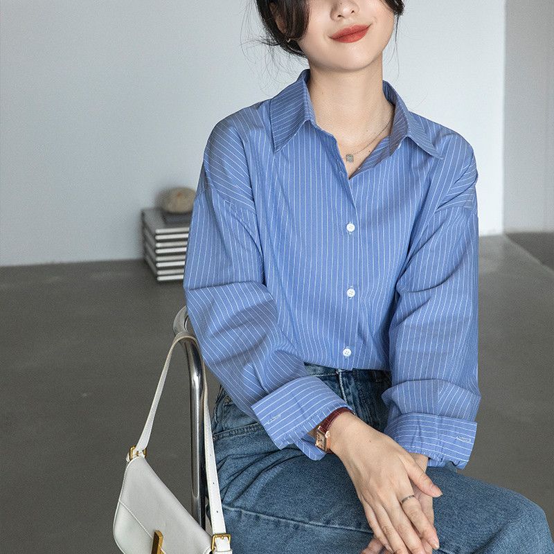 여성 스트라이프 긴팔셔츠 구김없는 레이어드 데일리룩 홍콩 스타일 편안한 가을 셔츠 패션 코디용 상의 - 상세 이미지 2