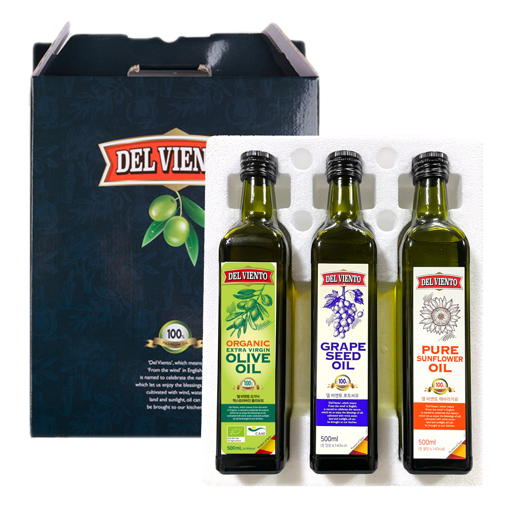 델비엔토 올리브유 + 포도씨유 + 해바라기씨유 500ml 3P 선물세트 안전포장 - 상품 이미지