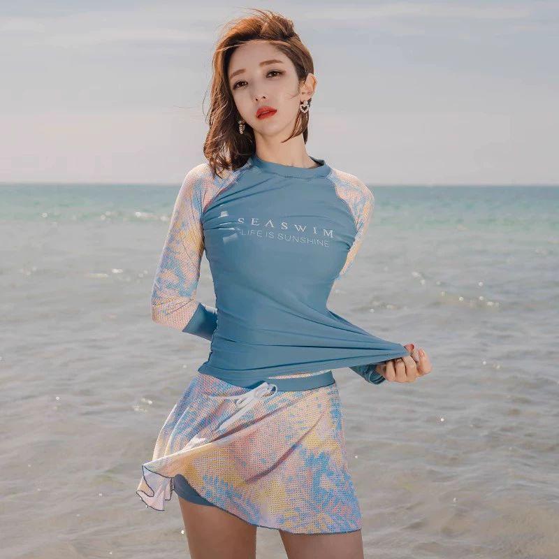 긴팔 스커트 수영복 온천 체형커버 호캉스 호수블루 긴팔 M 추천 40.0-48.5kg - 상세 이미지 2