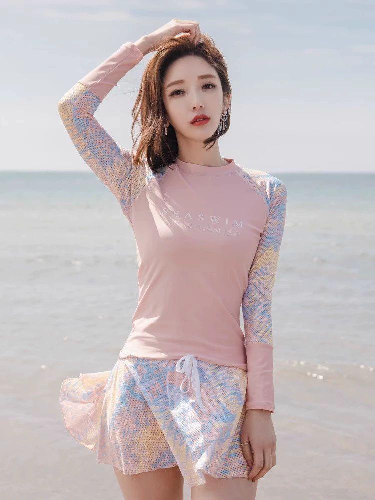긴팔 스커트 수영복 온천 체형커버 호캉스 호수블루 긴팔 M 추천 40.0-48.5kg - 상세 이미지 4