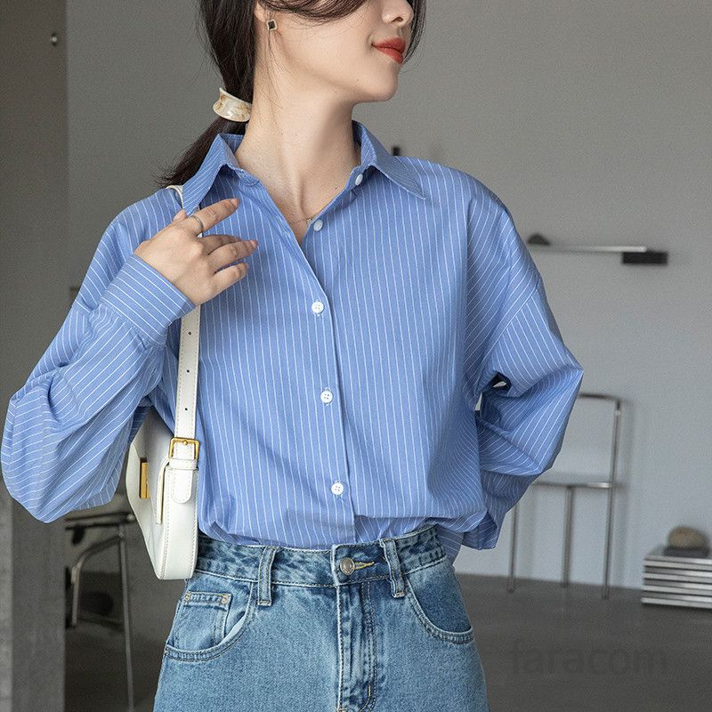 여성 스트라이프 긴팔셔츠 구김없는 레이어드 데일리룩 홍콩 스타일 편안한 가을 셔츠 패션 코디용 상의 - 상품 이미지