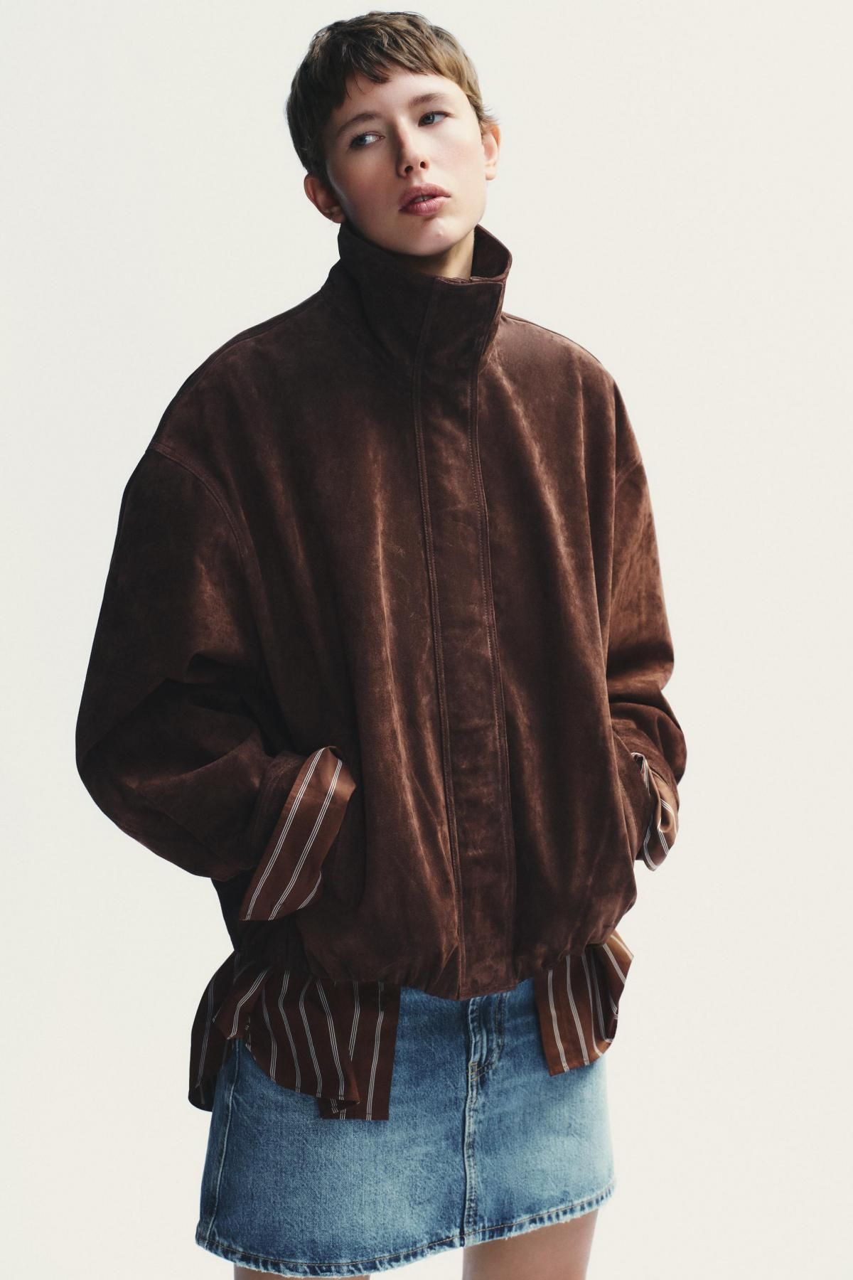 자라 프리미엄 스웨이드 레더 하이넥 재킷 4341/878 DARK BROWN - 상세 이미지 3