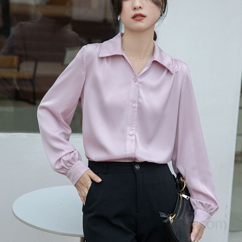 여성 새틴 루즈핏 긴팔 블라우스 여름용 핑크 솔리드 컬러 시원한 착용감 데일리 캐주얼 스타일 다양한 코디 활용 가능 - 상세 이미지 4