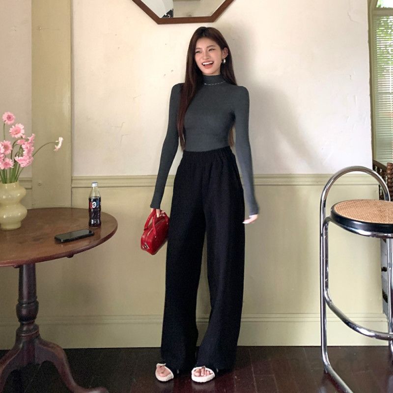 여성 하이웨이스트 드레이프 스트레이트 와이드 팬츠 가을 캐주얼 바지 편안한 착용감의 트렌디한 스타일 데일리 외출 여성용 팬츠 - 상세 이미지 2