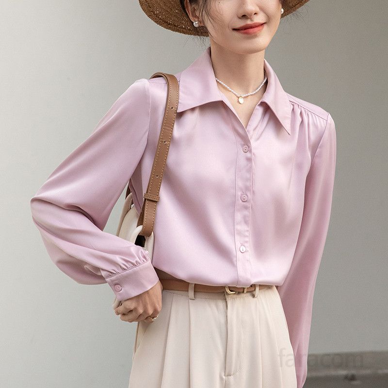 핑크 새틴 긴팔 루즈핏 블라우스 여름 여성용 데일리 솔리드 컬러 셔츠 스타일리시한 시원한 착용감의 고급스러운 디자인 외출용 - 상세 이미지 3