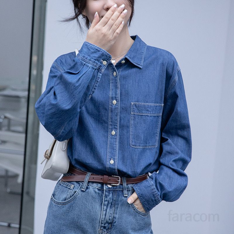 여성 데님 셔츠 루즈핏 긴팔 레이어드 봄가을 캐주얼 스타일 홍콩 레트로 빈티지 착용감 좋은 외출용 - 상품 이미지