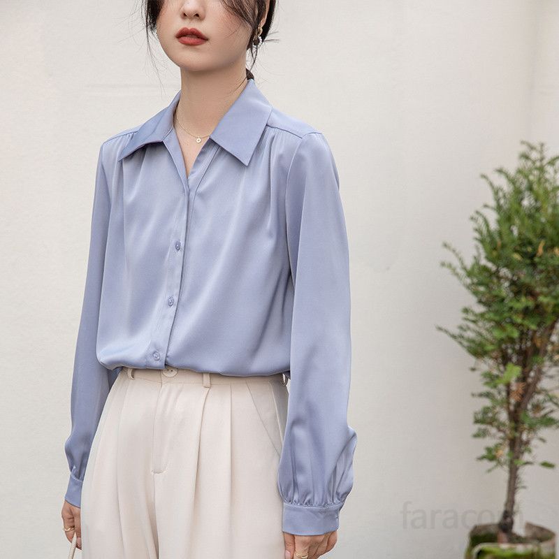 새틴 루즈핏 긴팔 블라우스 여성용 여름 프로페셔널 스타일 시원한 착용감 캐주얼 데일리 솔리드 컬러 라운드넥 다용도 활용도 높은 블라우스 - 상세 이미지 3