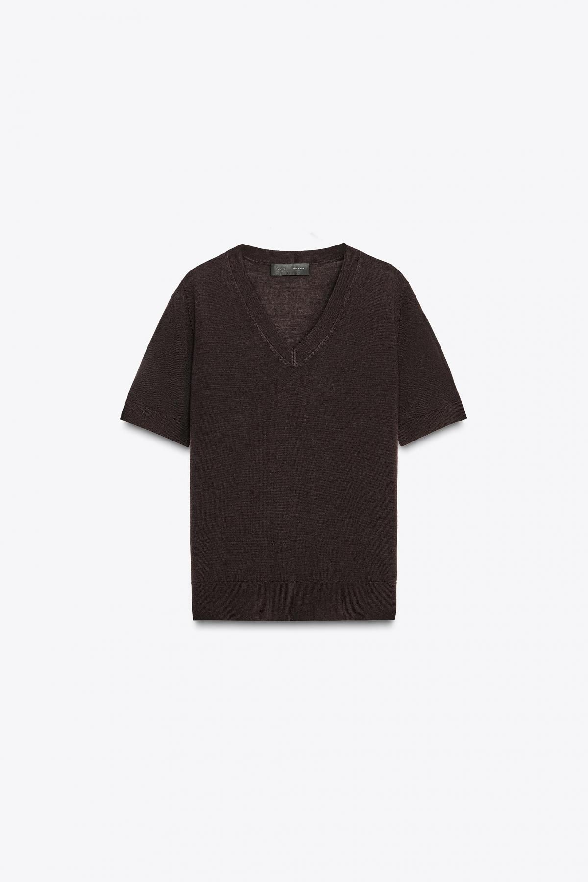 자라 프리미엄 울 브이넥 반팔 니트 탑 9598/122 DARK BROWN - 상품 이미지