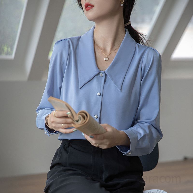 여성 새틴 브이넥 셔츠 긴팔 블라우스 봄 가을 비즈니스 출퇴근용 고급스러운 정장 스타일 인터뷰 모던한 디자인 - 상세 이미지 5