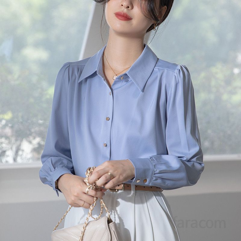여성용 화이트 긴팔 셔츠 봄 여름 데일리 캐주얼 오피스룩 아세테이트 소재 프로페셔널 스타일 통근용 셔츠 시원하고 편안한 착용감 - 상세 이미지 2