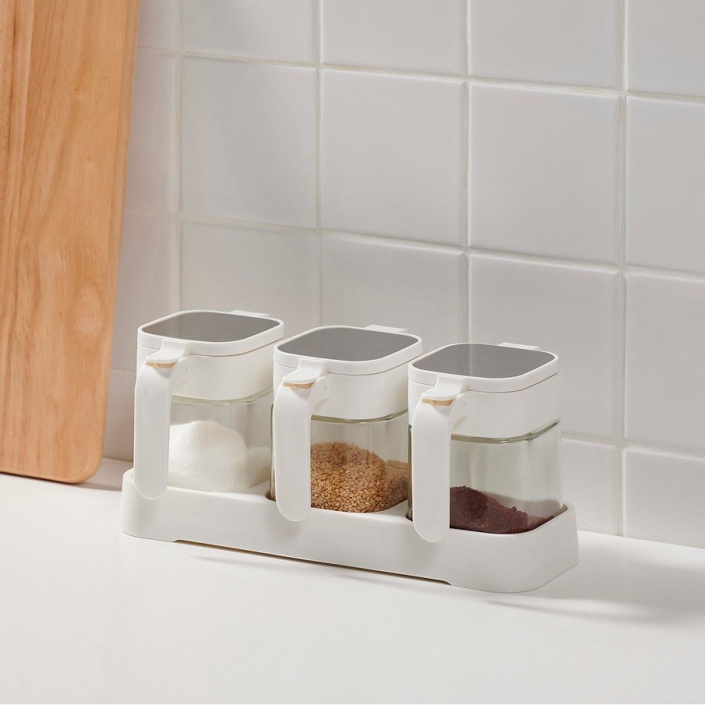 [JAJU/자주] 열기 편리한 손잡이 유리 양념병 3개 (트레이포함)