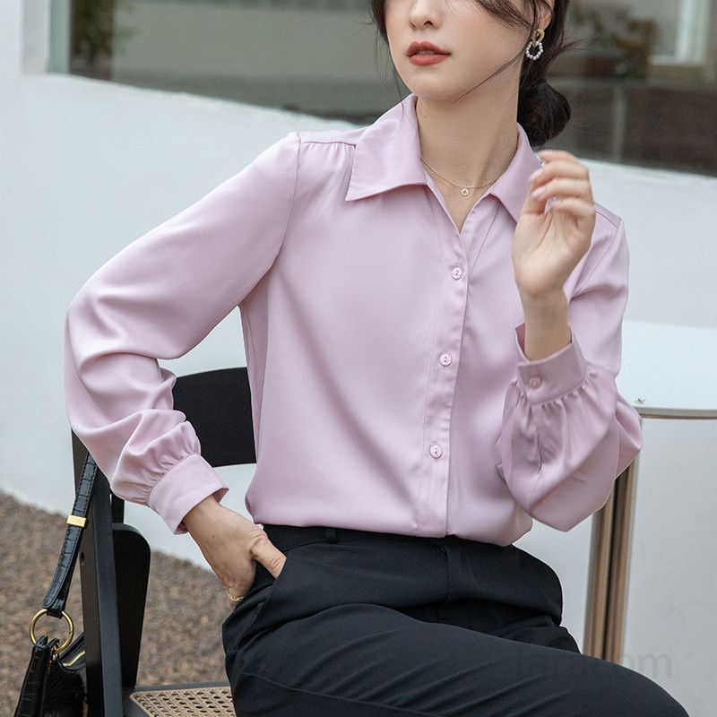 여성 새틴 루즈핏 긴팔 블라우스 여름용 핑크 솔리드 컬러 시원한 착용감 데일리 캐주얼 스타일 다양한 코디 활용 가능 - 상세 이미지 5