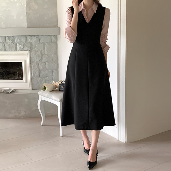 V넥 버클 플레어 뷔스티에 롱 원피스 오피스룩 가을하객 op16175