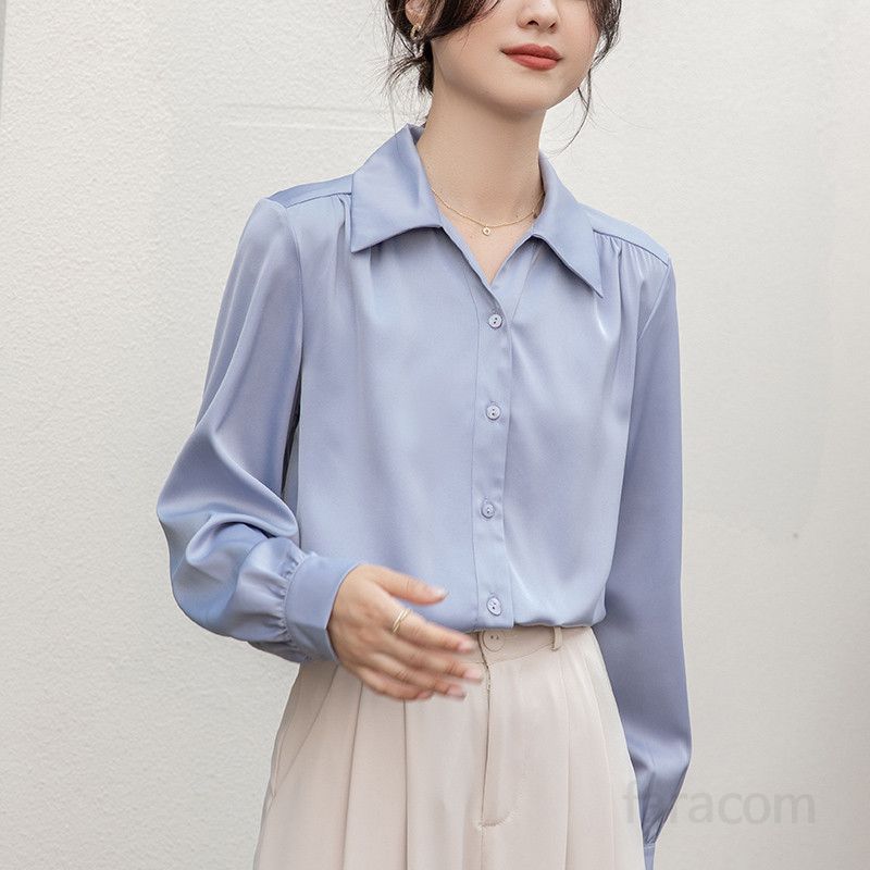 새틴 루즈핏 긴팔 블라우스 여성용 여름 프로페셔널 스타일 시원한 착용감 캐주얼 데일리 솔리드 컬러 라운드넥 다용도 활용도 높은 블라우스 - 상품 이미지