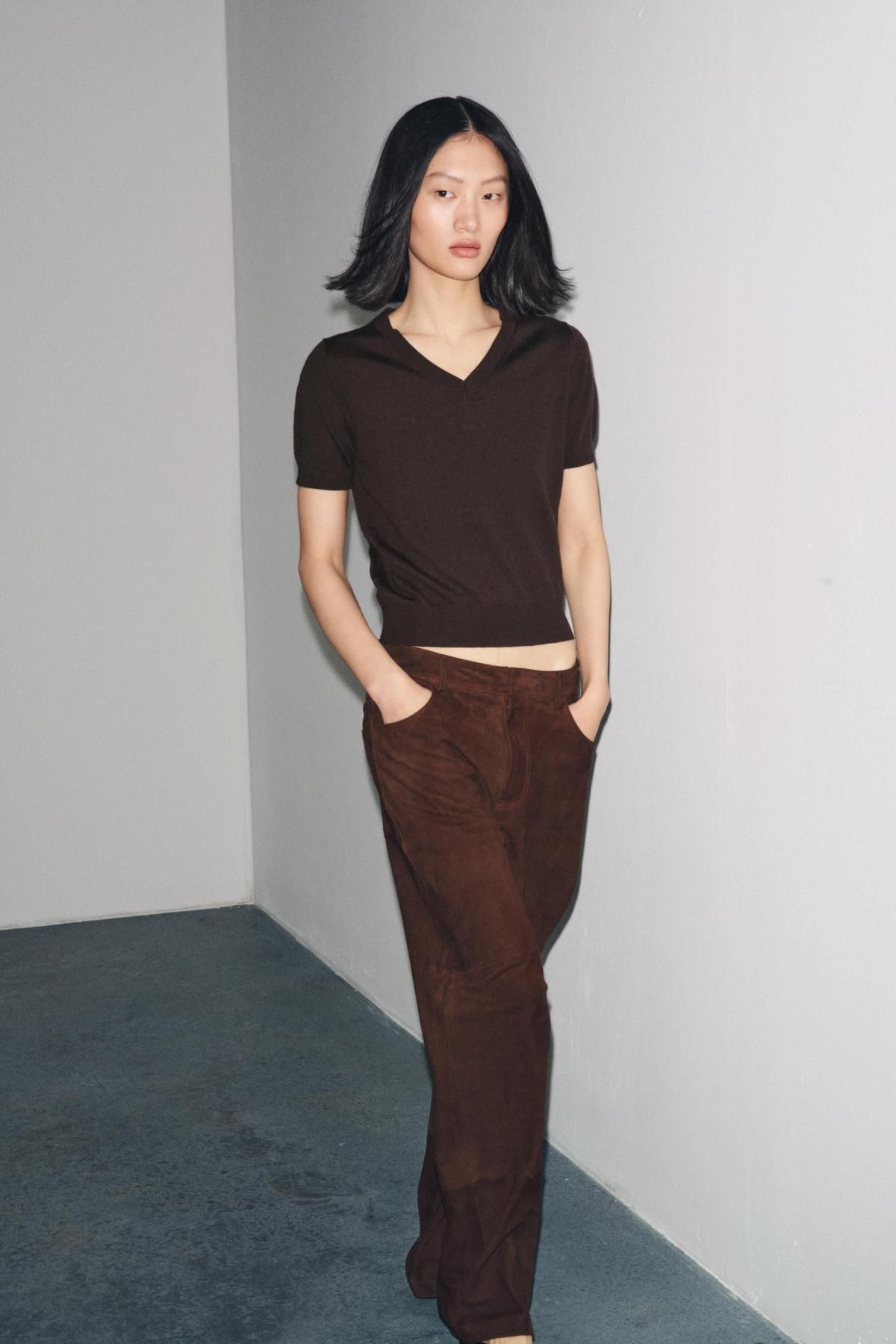 자라 프리미엄 울 브이넥 반팔 니트 탑 9598/122 DARK BROWN - 상세 이미지 4