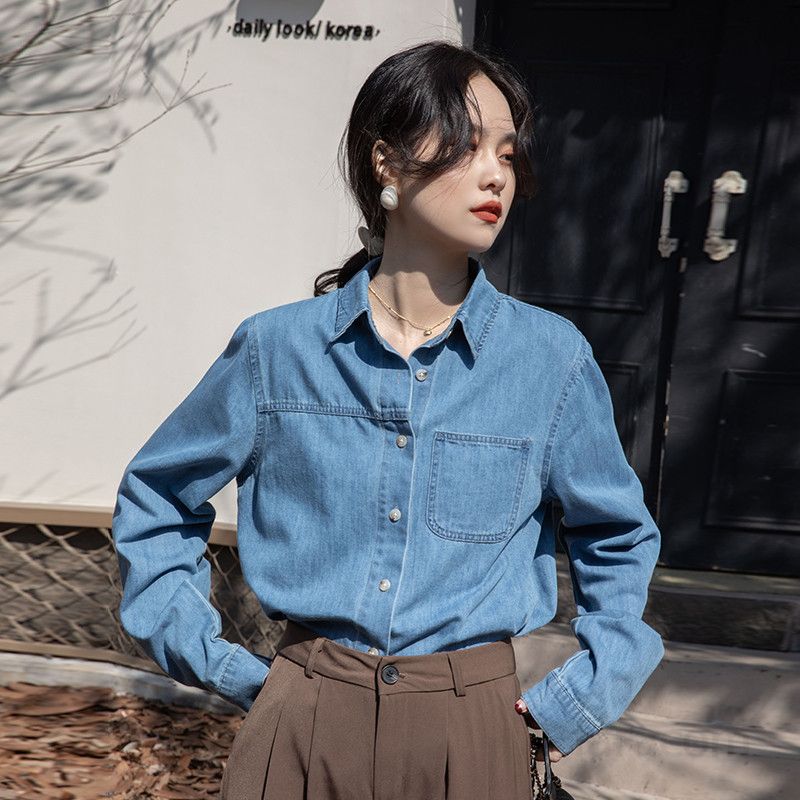 여성 데님 셔츠 긴팔 프렌치 스타일 슬림핏 레이어드 캐주얼 봄 가을 착용감 좋은 레트로 디자인 셔츠 - 상세 이미지 3