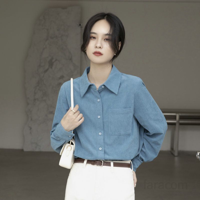 여성 코듀로이 긴팔 셔츠 레트로 스타일 가을용 슬림핏 다용도 캐주얼 셔츠 심플한 디자인 데일리웨어 활용도 높은 트렌디한 셔츠 - 상품 이미지
