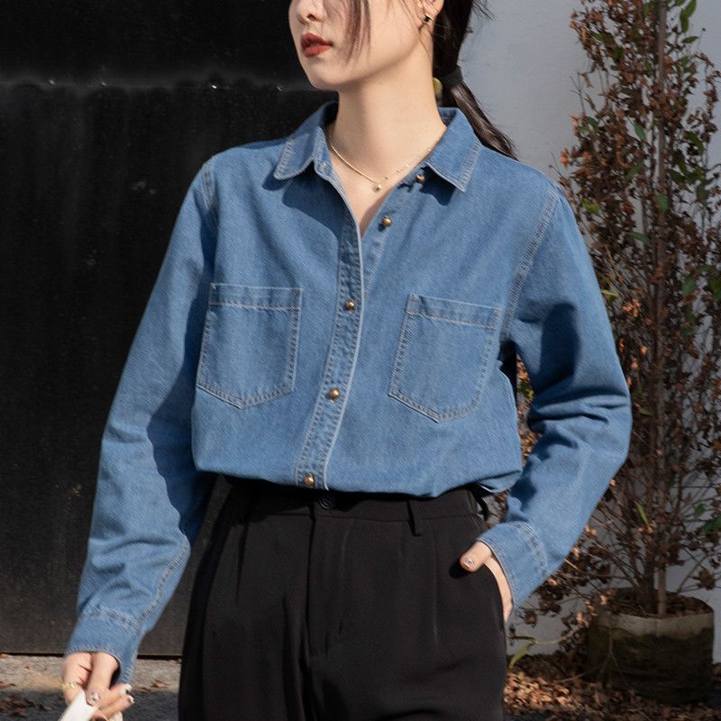 여성용 데님 셔츠 루즈핏 긴팔 캐주얼 재킷 스타일 봄여름 레이어드 가능한 편안한 착용감의 얇은 블라우스 청남방 - 상세 이미지 3
