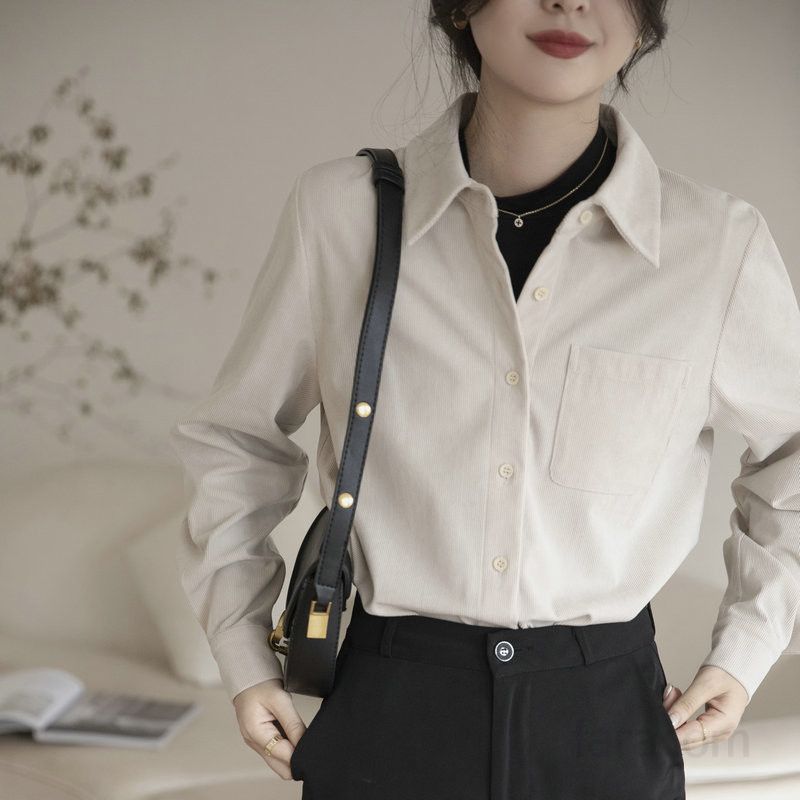 여성 코듀로이 긴팔 셔츠 레트로 스타일 가을용 슬림핏 다용도 캐주얼 셔츠 심플한 디자인 데일리웨어 활용도 높은 트렌디한 셔츠 - 상세 이미지 4