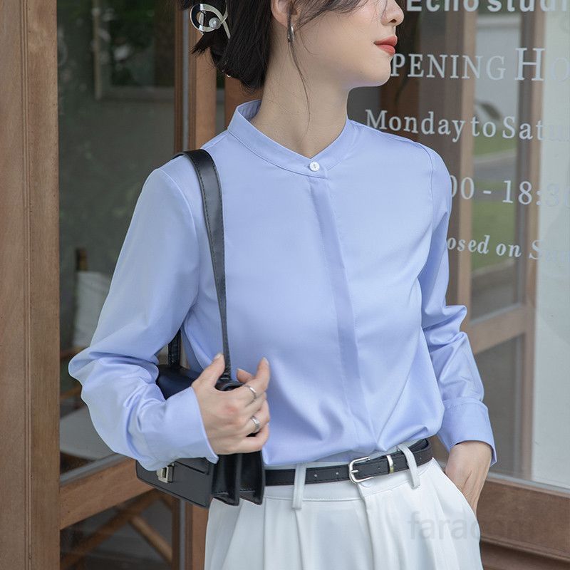 여성 루즈핏 파란색 셔츠 스탠드 칼라 통기성 좋은 린넨 소재 여름 데일리 긴팔 스타일링 쉬운 캐주얼 블라우스 오피스룩 활용 가능 - 상세 이미지 2