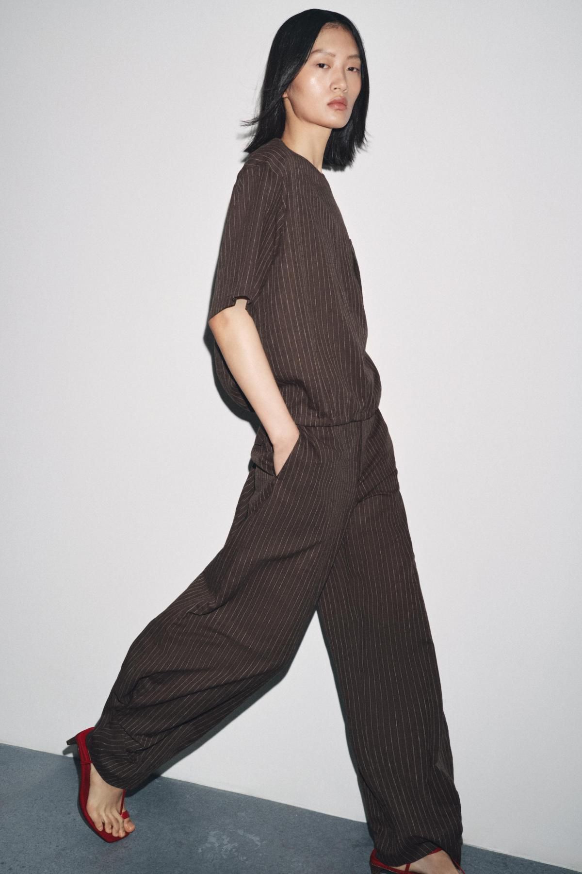 자라 스트라이프 린넨블렌드 라운드넥 반팔 니트 탑 8579/232 BROWN / ECRU - 상세 이미지 5